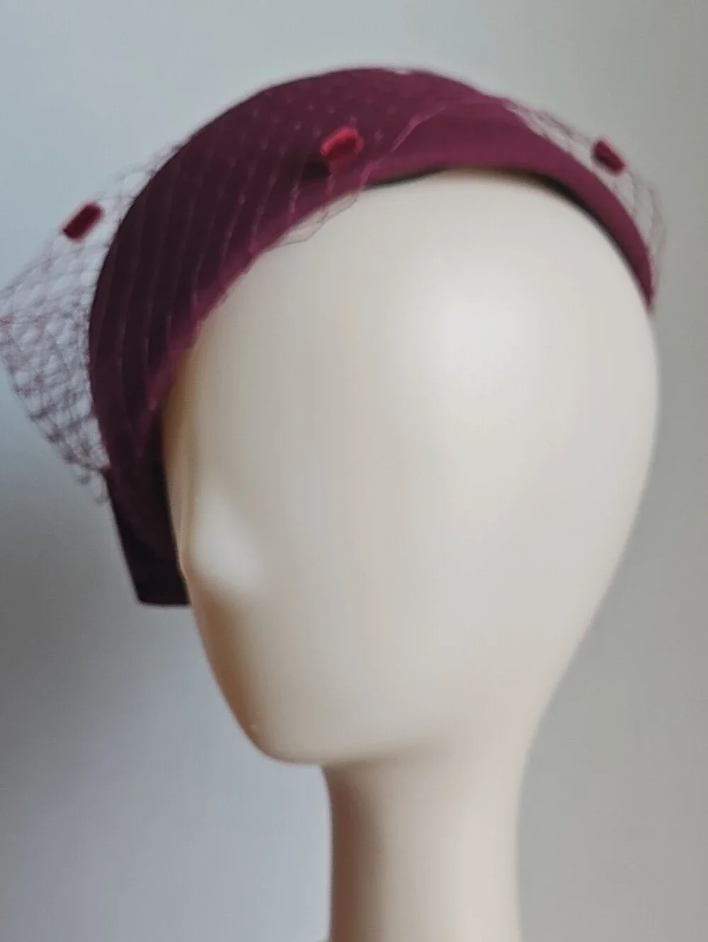 Beloved Millinery Beautiful Burgundy Dotted Veil British Style Pillbox Hat w/Bow
